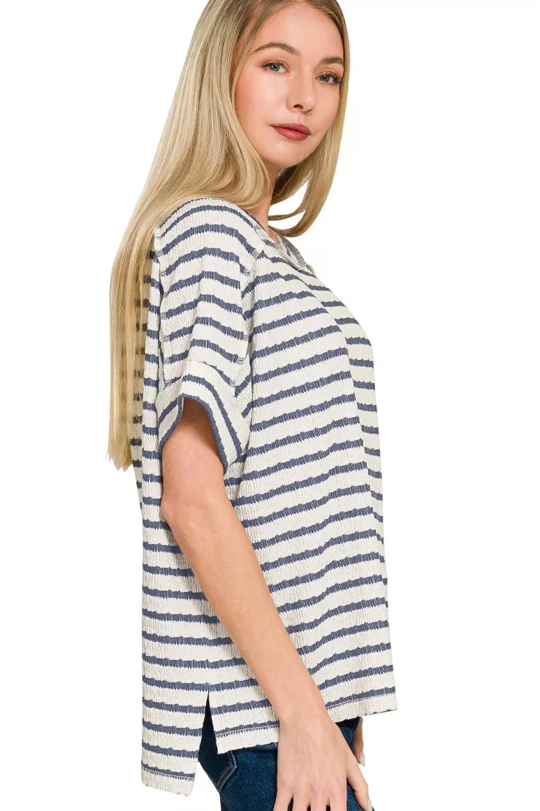 Striped Jacquard Round Neck Short Sleeve Box Tee