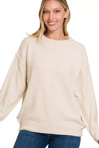 Zenana Melange Front Seam Round Neck Sweater in Sand Beige