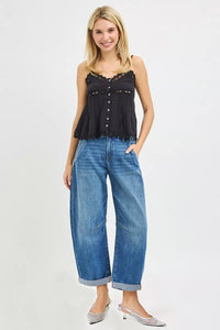 Risen Slouchy Cropped Cuffed Hem Barrel Jeans 