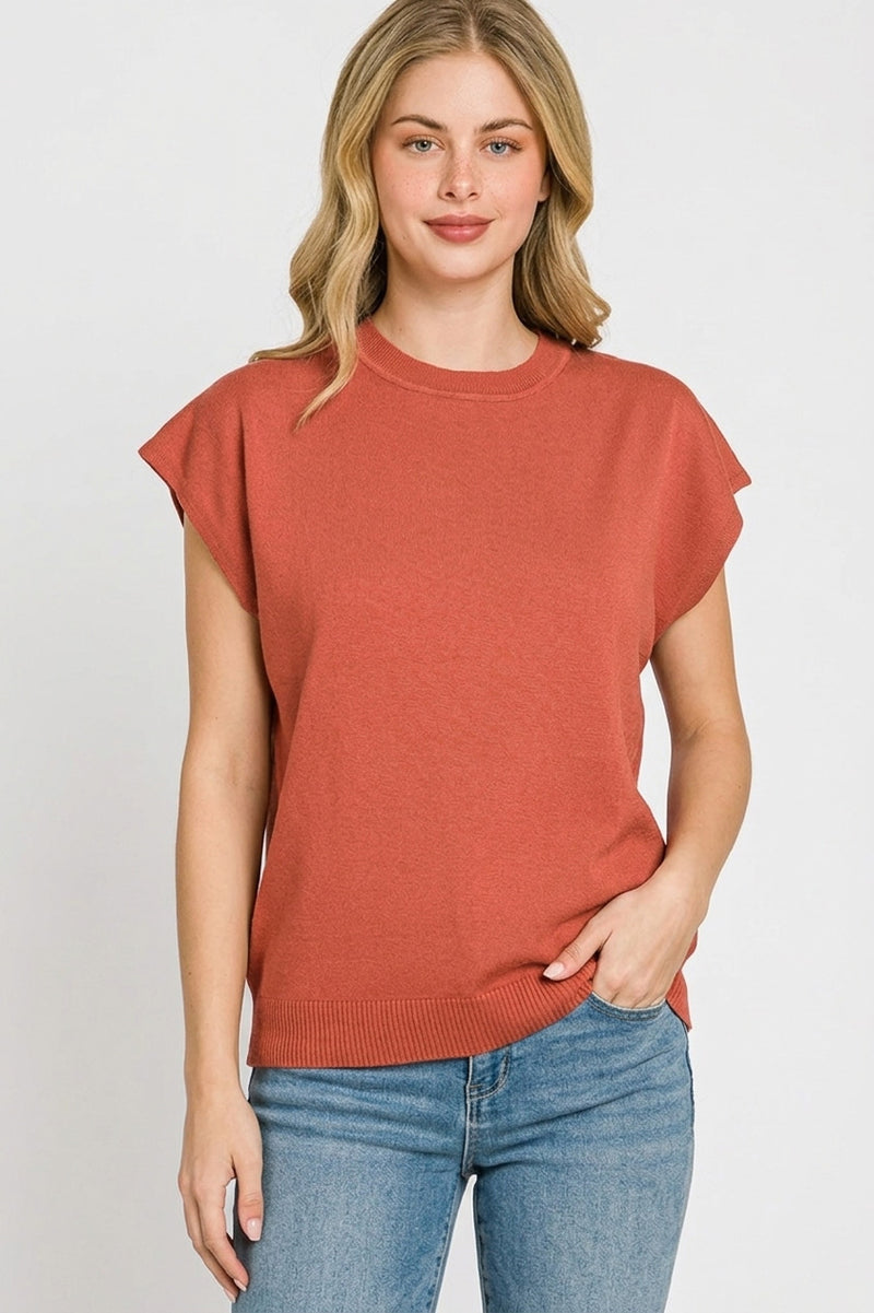 Zenana Viscose Round Neck Short Sleeve Sweater Knit Top in Rust