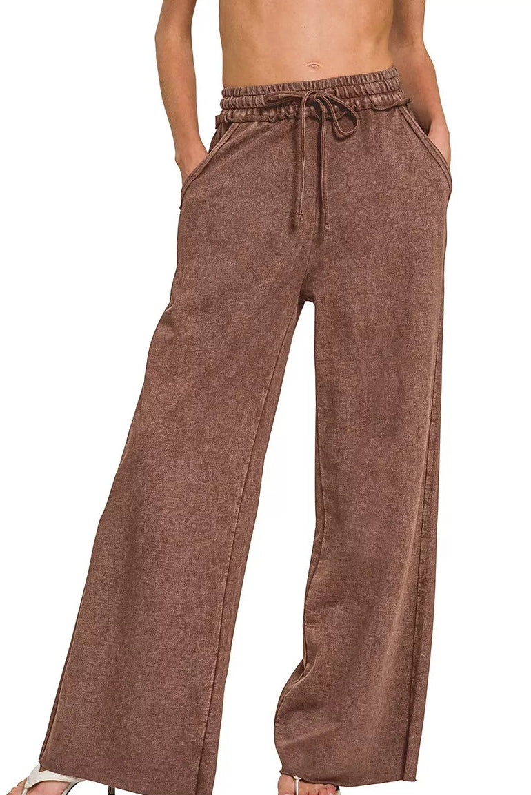 Zenana Exposed Seam French Terry Wide Leg Sweatpants in Brown
