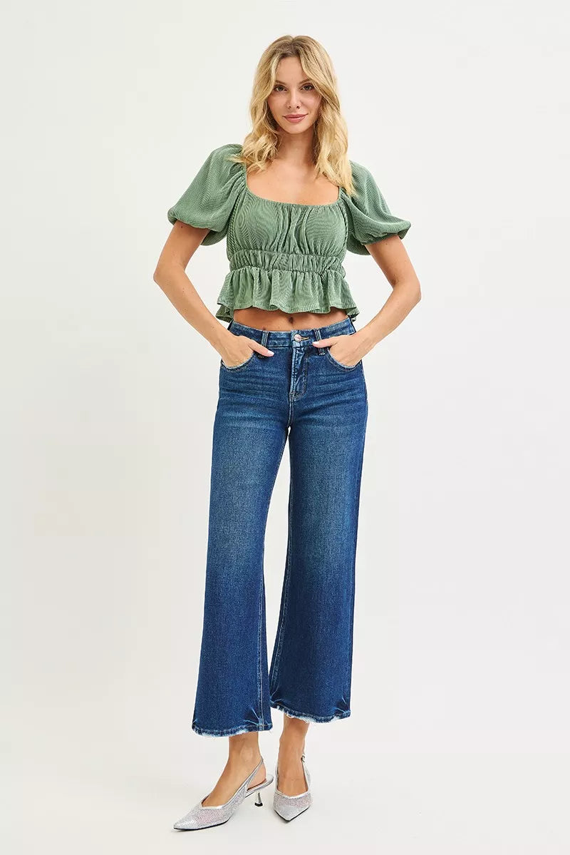 Risen Tummy Control 4 Way Stretch High Rise Crop Wide Leg Jeans