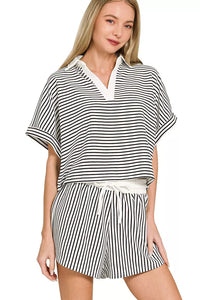 Zenana Stripe Contrast Trim Collared Top & Shorts Set in Black