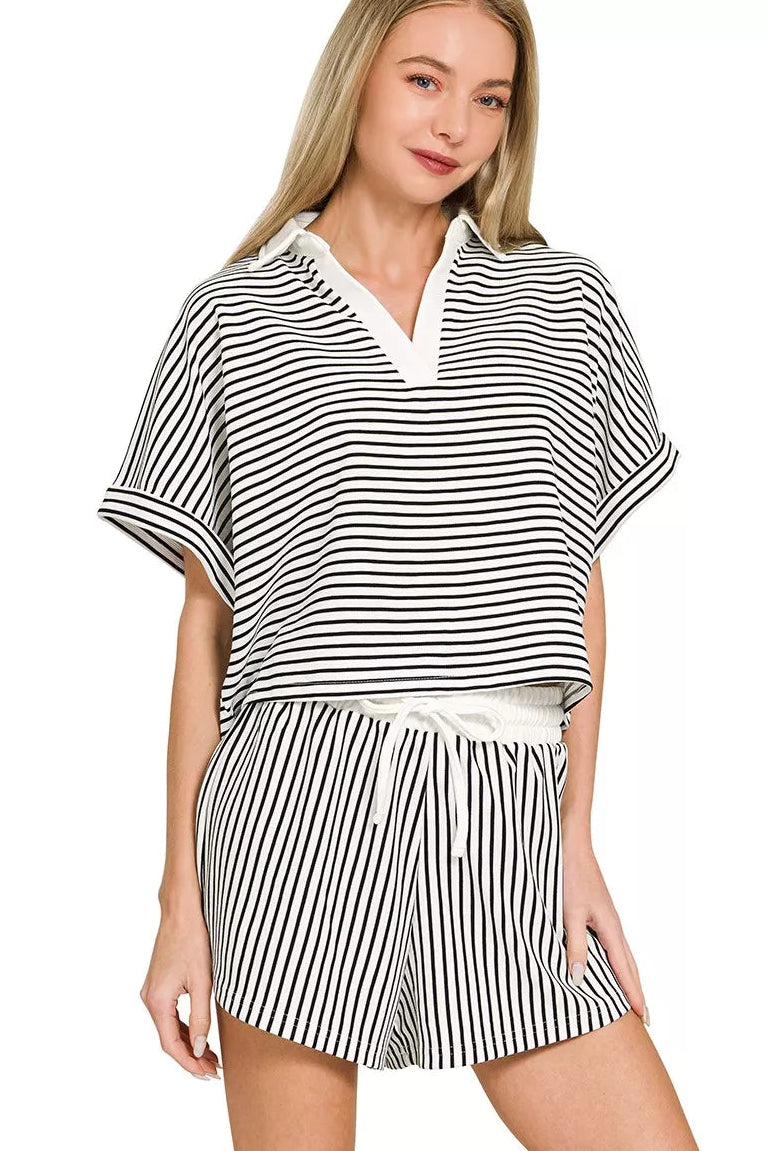 Zenana Stripe Contrast Trim Collared Top & Shorts Set in Black