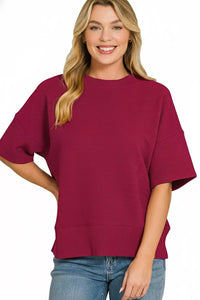 Zenana Ribbed Round Neck Banded Top in Cabernet
