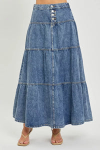 Risen Tiered Denim Maxi Skirt