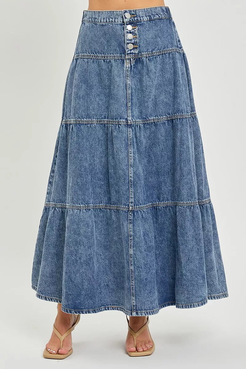 Risen Tiered Denim Maxi Skirt