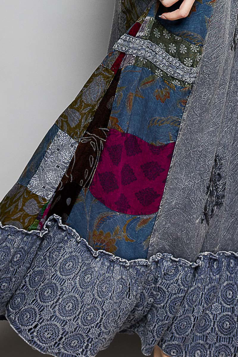 POL One of a Kind - Printed Patchwork Embroidered Ruffled Skirt