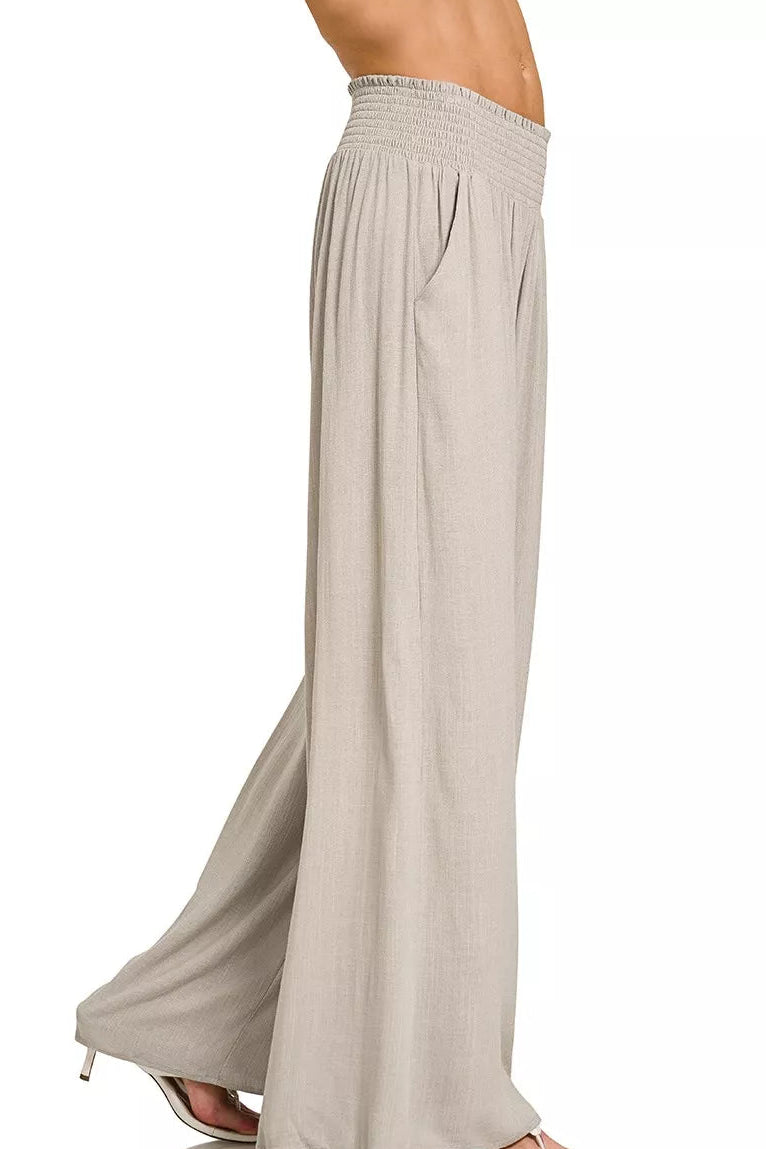 Zenana Smocked Waistband Wide Leg Pants in Sand Beige