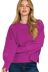 Zenana Plum Wide Neck Banded Drop Shoulder Sweater