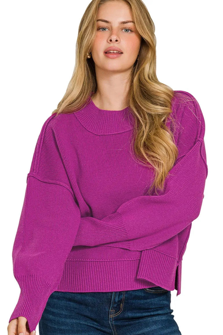 Zenana Plum Wide Neck Banded Drop Shoulder Sweater