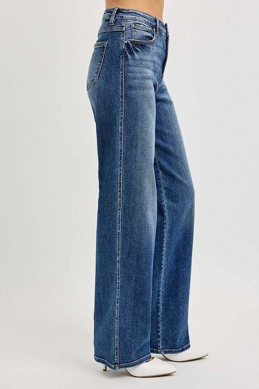 RISEN High Rise Tummy Control Wide Baggy Jeans. Medium wash denim with a straight baggy cut and high rise with no distressing. 