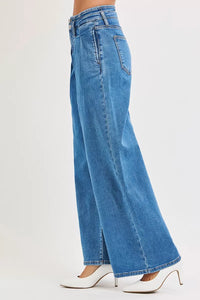 Risen High Rise Pleated Wide Leg Jeans