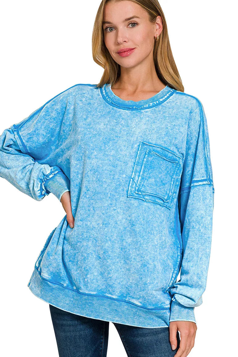 Zenana Acid Washed French Terry Pullover Sweatshirt in Deep Sky