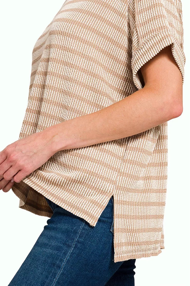 Raised Rib Striped Exposed Seam Short Sleeve Top