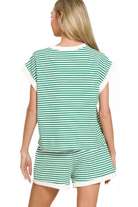 Zenana Stripe Contrast Trim Top & Shorts Set in Kelly Green