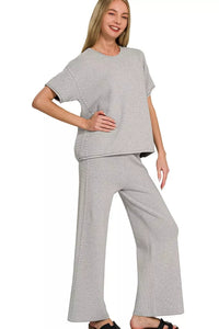 Zenana Sweater Knit Short Sleeve Top & Pants Set in Heather Gray