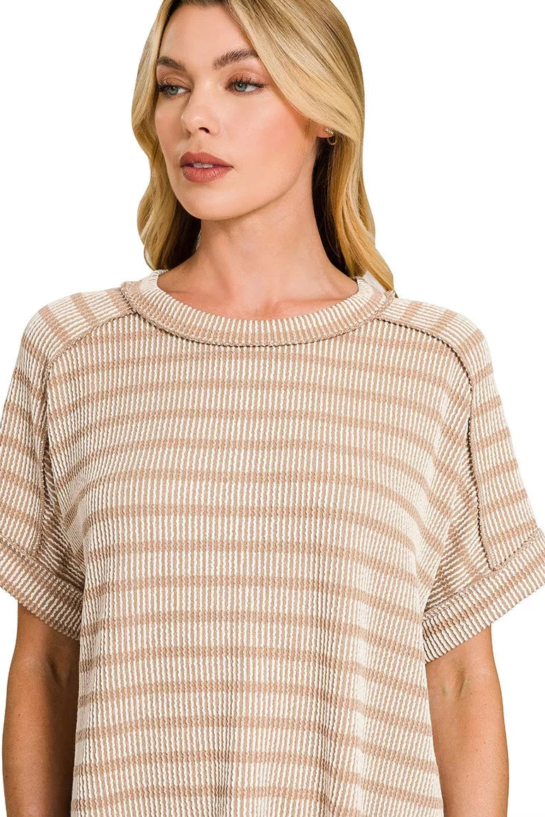 Raised Rib Striped Exposed Seam Short Sleeve Top