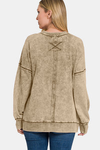 French Terry Exposed Seam Round Neck Dropped Shoulder Sweatshirt - Mocha