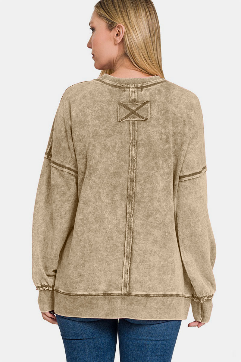 French Terry Exposed Seam Round Neck Dropped Shoulder Sweatshirt - Mocha