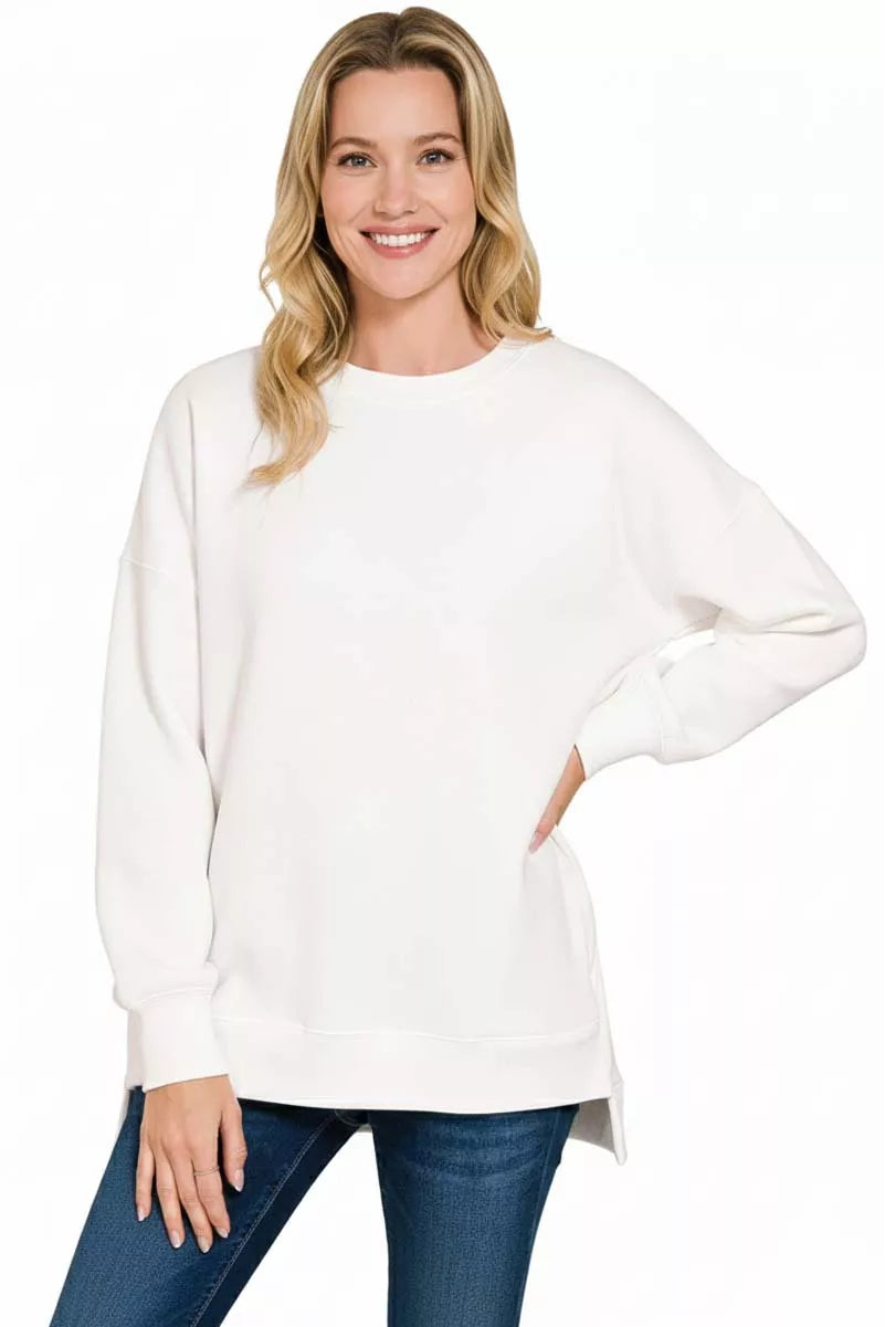 Zenana Fleece Hi-Low Boyfriend Sweatshirt with Pockets - Off White