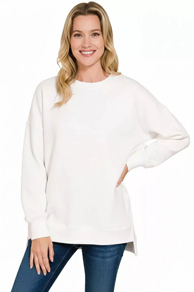 Zenana Fleece Hi-Low Boyfriend Sweatshirt with Pockets - Off White