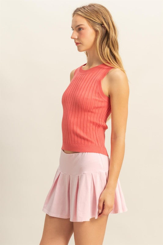 Coral Stretchy Ribbed Round Neck Sweater Tank