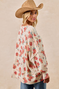 Floral Print Oversized Washed Waffle Knit Thermal Pullover