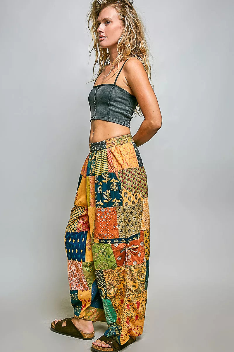 POL Printed Patchwork Pants with Adjustable Side Drawstring