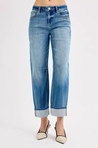 Risen Mid Rise Slouchy Crop Barrel Cuffed Jeans