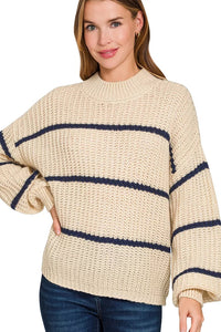Zenana Oversize Striped Sweater in Taupe
