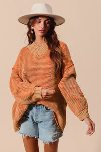 So Me Oversized Two Tone Textured V-Neck Sweater
