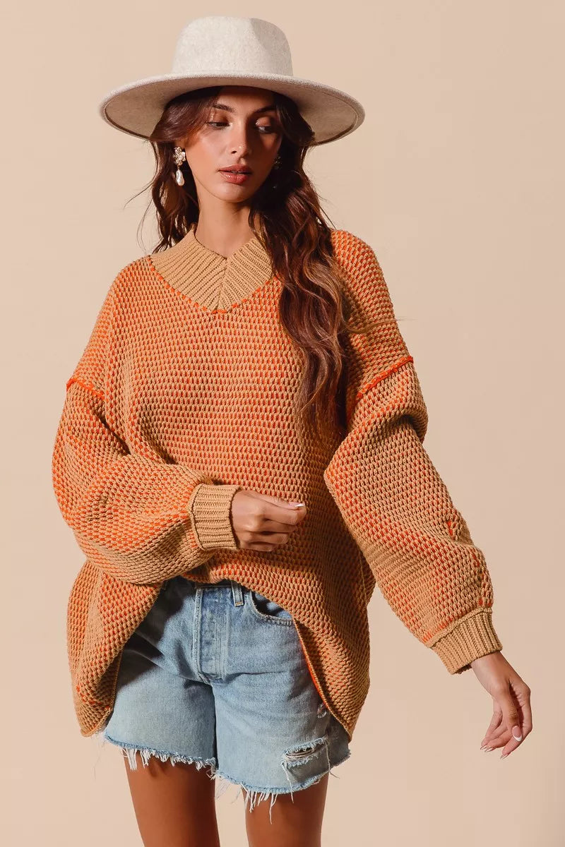So Me Oversized Two Tone Textured V-Neck Sweater
