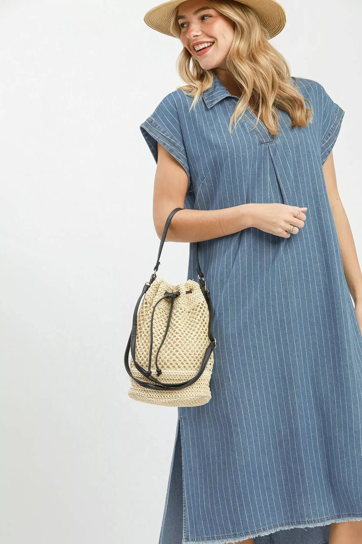Umgee Pinstripe Denim Collared Midi Dress with Side Slits