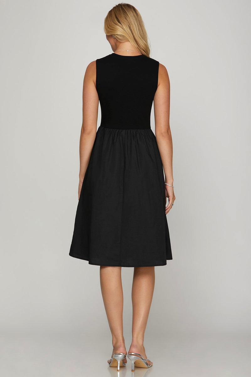 Black Sleeveless Poplin Woven Midi Dress Black / L Black Sleeveless Poplin Woven Midi Dress Black / L