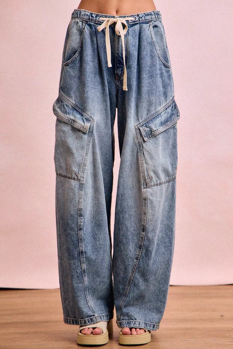 BiBi Baggy Barrel Jeans With Drawstring Waist and Cargo Pockets