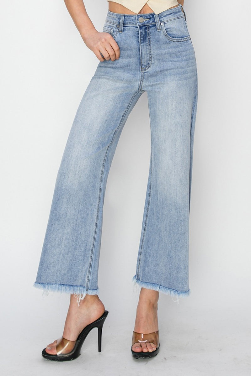 RISEN High Rise Crop Wide Leg Fray Hem Jeans