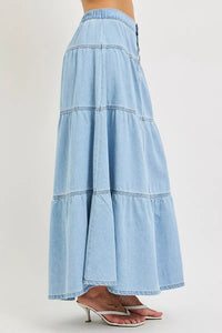 Risen Tiered Denim Maxi Skirt - Light Wash