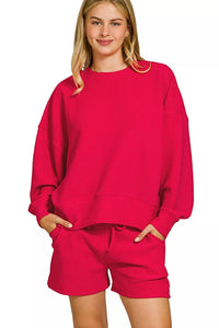 Ribbed Round Neck Pullover and Shorts Set in Ruby Red