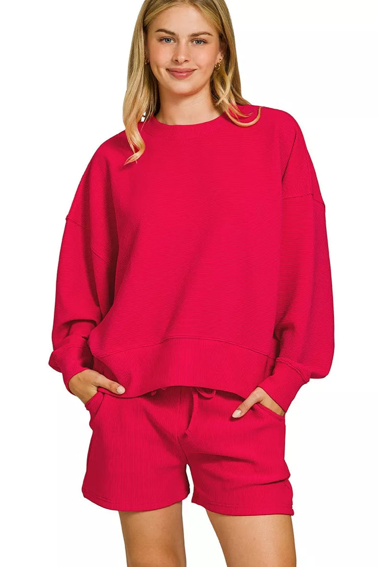 Ribbed Round Neck Pullover and Shorts Set in Ruby Red
