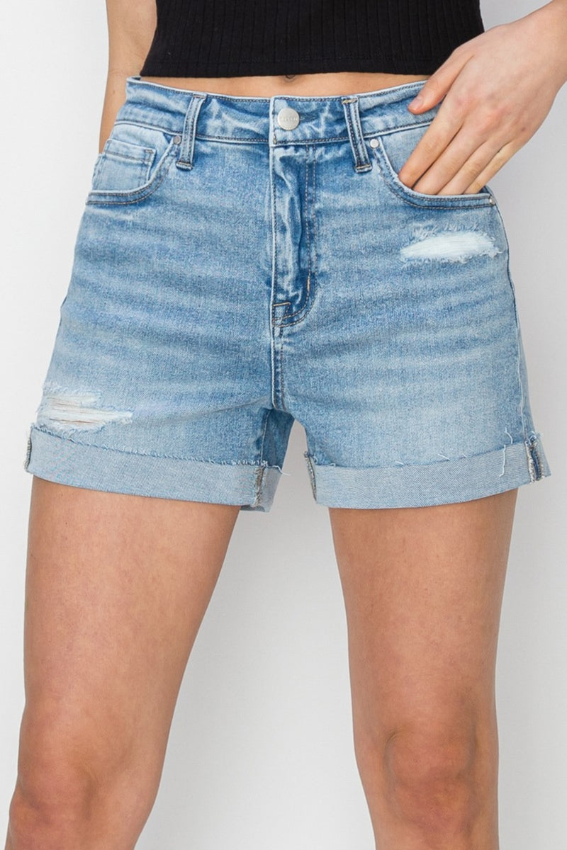 RISEN Distressed Mid-Rise Cuffed Denim Shorts