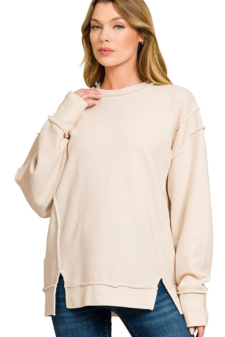 Zenana Acid Washed Double Ribbed Exposed Seam Sweatshirt in Sand Beige