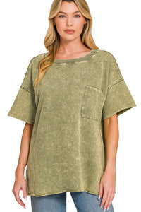 Zenana French Terry Mineral Washed Boyfriend Tee - Light Olive