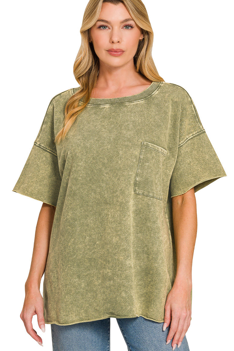 Zenana French Terry Mineral Washed Boyfriend Tee - Light Olive
