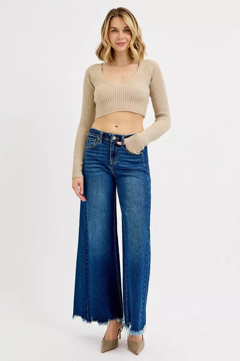 Risen High Rise Dark Wash Destroyed Hem Wide Leg Palazzo Jeans