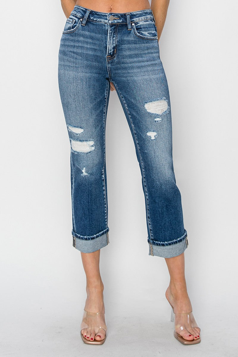 RISEN Mid Rise Distressed Cuffed Ankle Straight Jeans