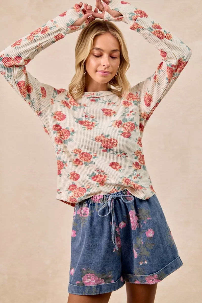 Bibi Floral Print Washed Waffle Knit Thermal Top
