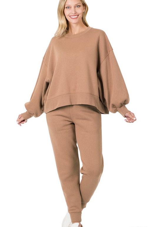 Balloon Sleeve Sweatshirt &amp; Sweatpants Lounge Set