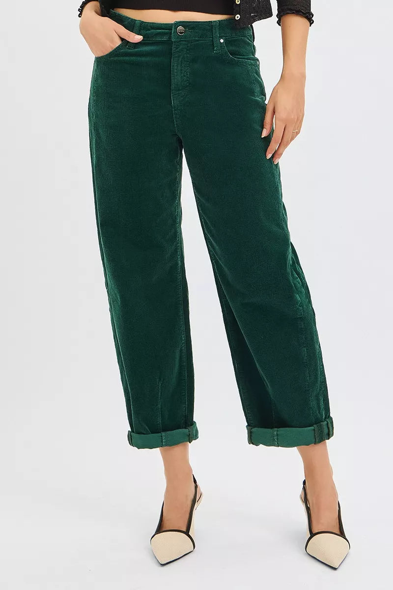 Risen High Rise Crop Barrel Corduroy Pants in Hunter Green
