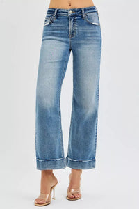 Risen Mid Rise Crop Straight Taylor Cuffed Jeans